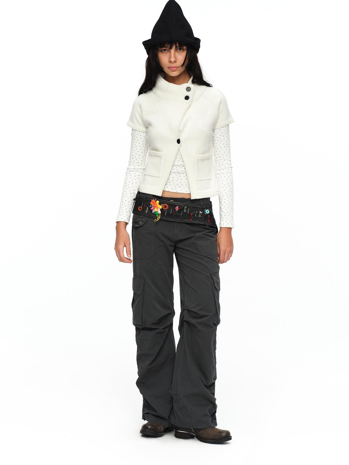 oinimi Cream Asymmetric Ribbed Stand Collar Layering Women&