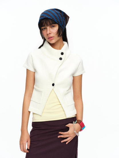 oinimi Cream Asymmetric Ribbed Stand Collar Layering Women&