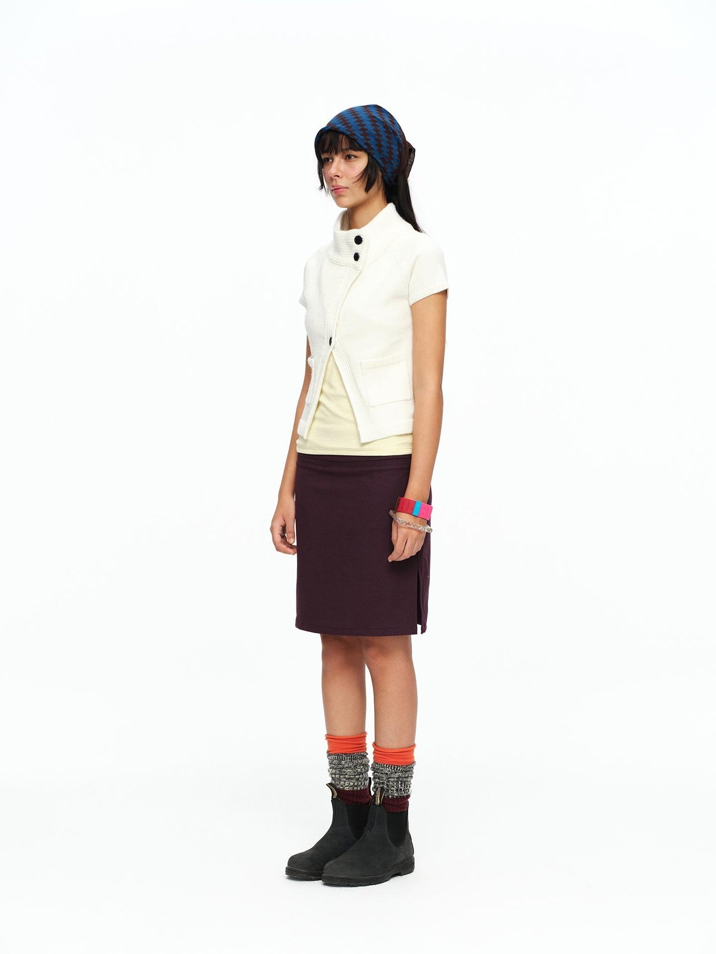 oinimi Cream Asymmetric Ribbed Stand Collar Layering Women&
