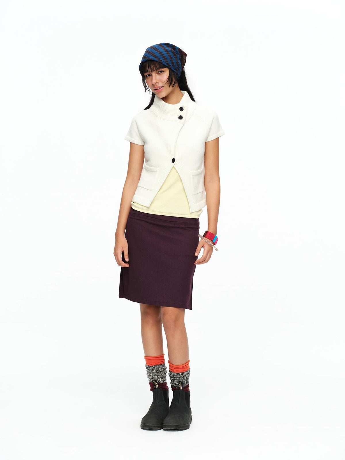 oinimi Cream Asymmetric Ribbed Stand Collar Layering Women&