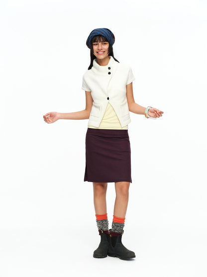 oinimi Cream Asymmetric Ribbed Stand Collar Layering Women&