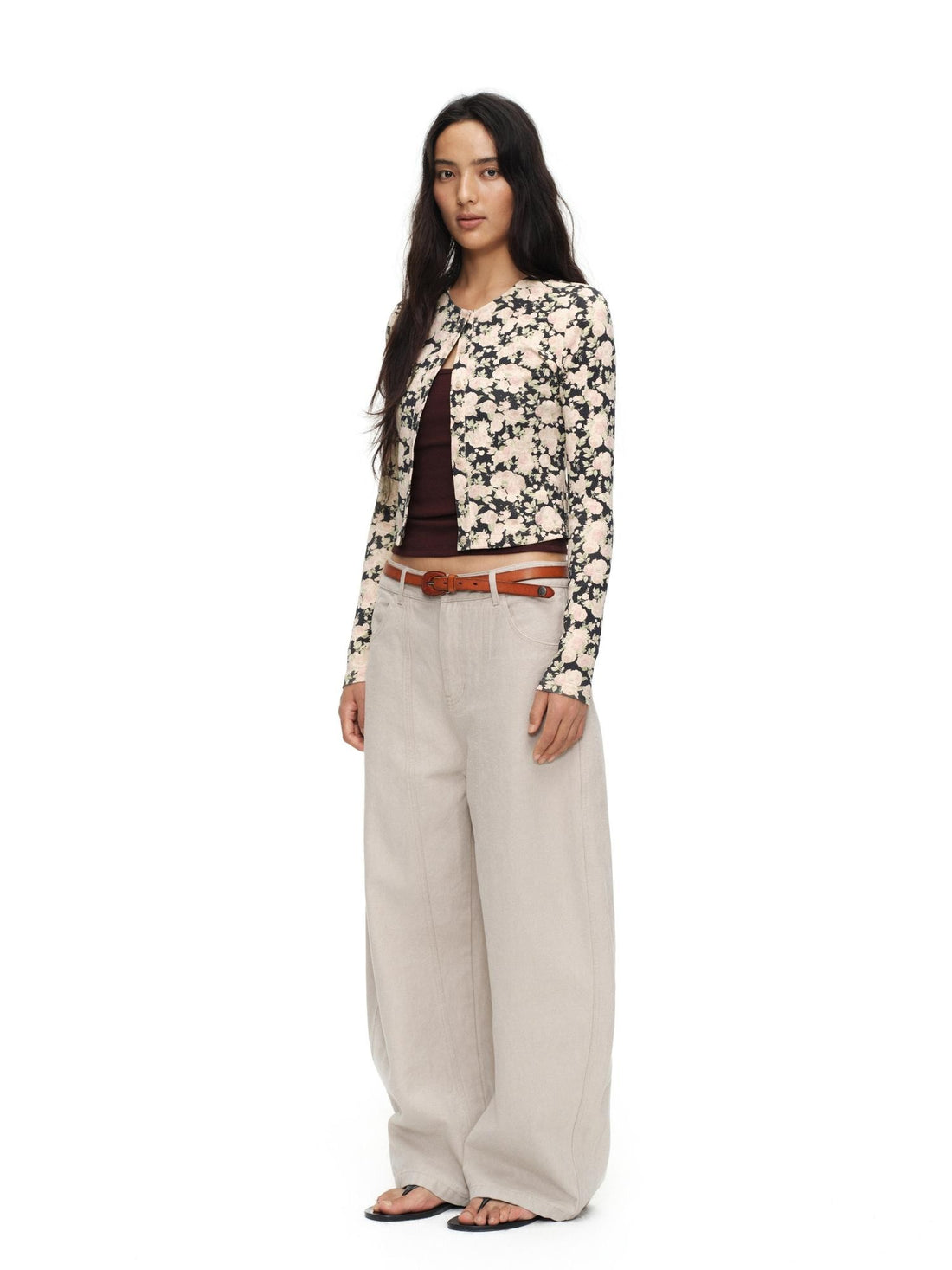 oinimi Cropped Floral Print Fitted Round Neck Women&
