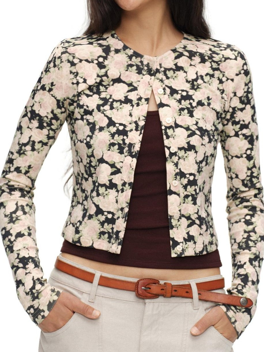 oinimi Cropped Floral Print Fitted Round Neck Women&
