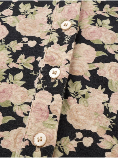 oinimi Cropped Floral Print Fitted Round Neck Women&