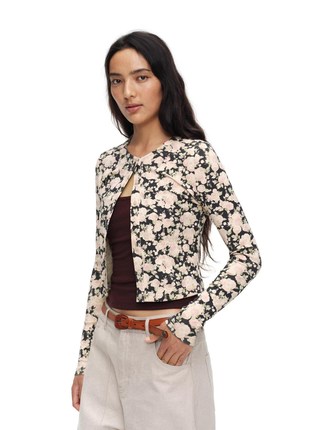 oinimi Cropped Floral Print Fitted Round Neck Women&