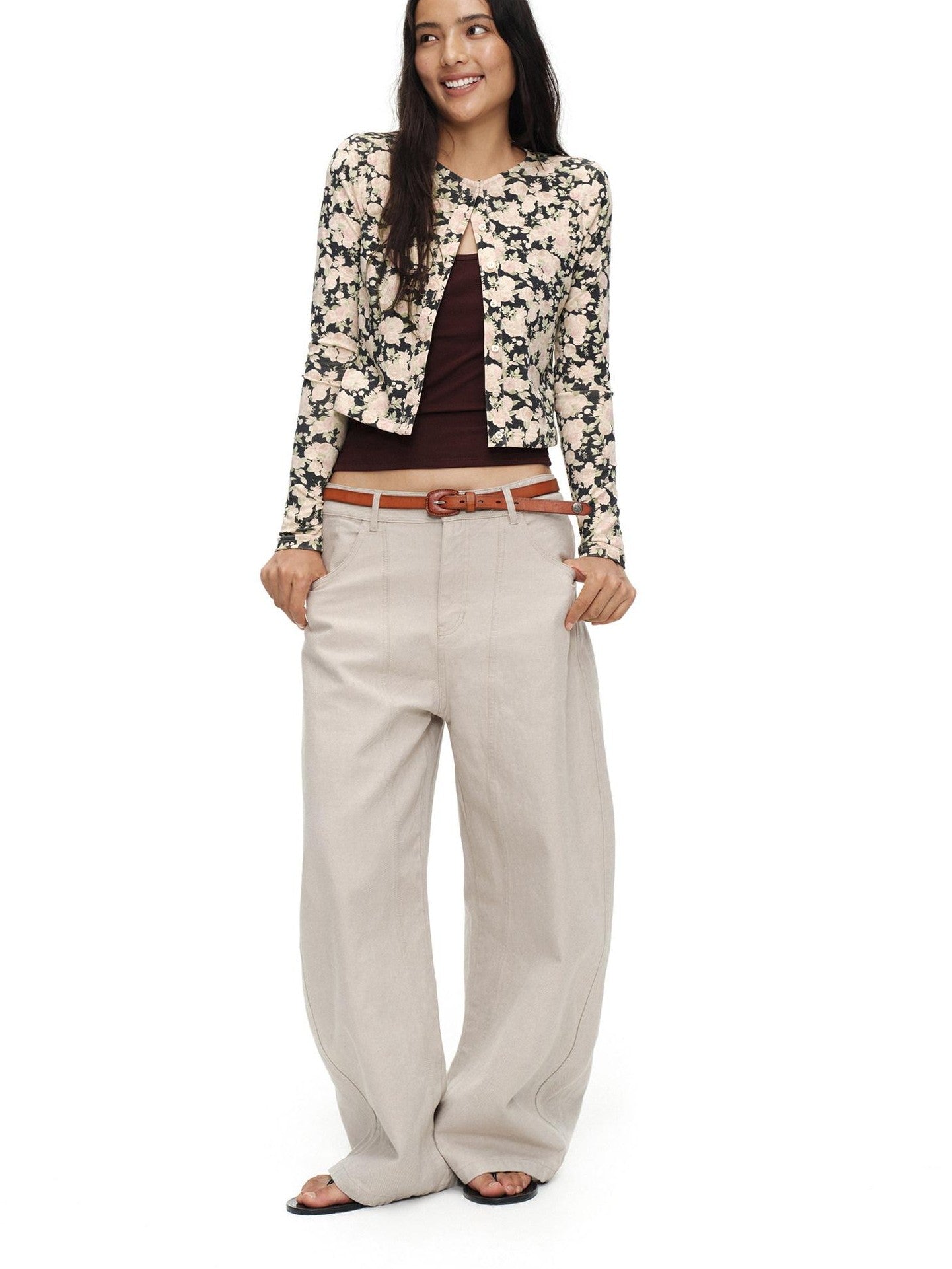 oinimi Cropped Floral Print Fitted Round Neck Women&