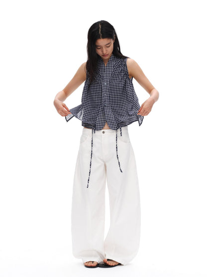 oinimi Deep Blue Plaid Shirred Drawstring Stand Collar Women&