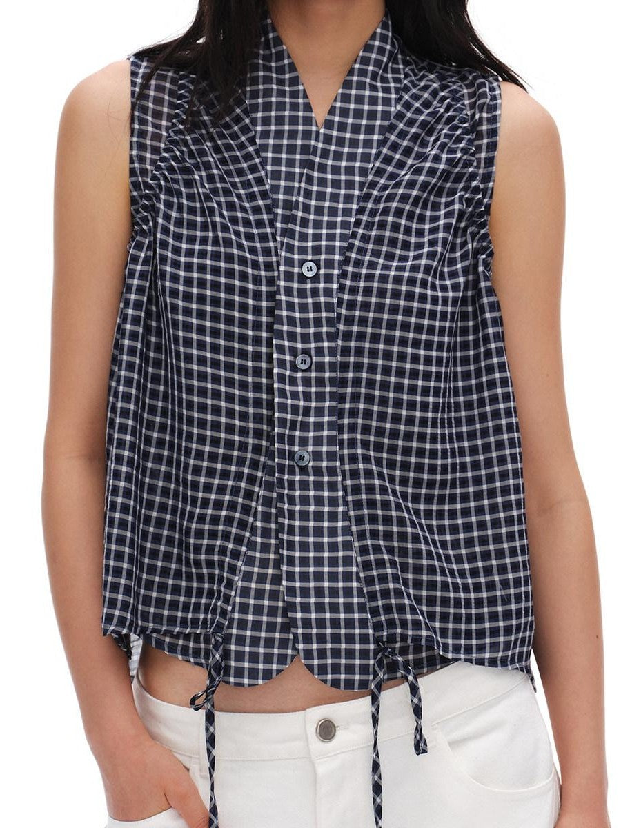 oinimi Deep Blue Plaid Shirred Drawstring Stand Collar Women&