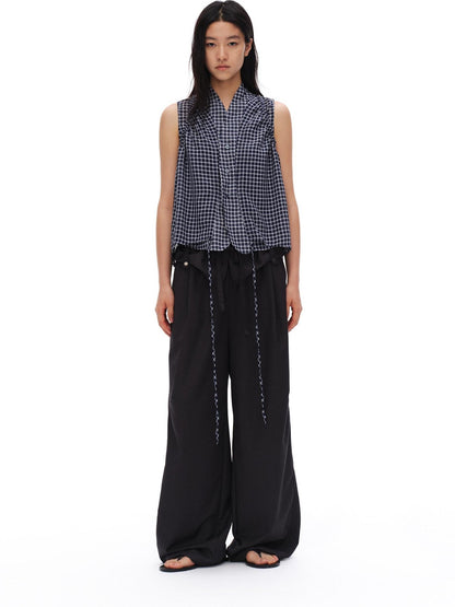 oinimi Deep Blue Plaid Shirred Drawstring Stand Collar Women&