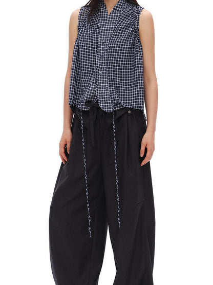 oinimi Deep Blue Plaid Shirred Drawstring Stand Collar Women&