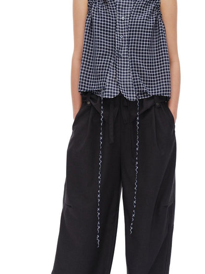 oinimi Deep Blue Plaid Shirred Drawstring Stand Collar Women&
