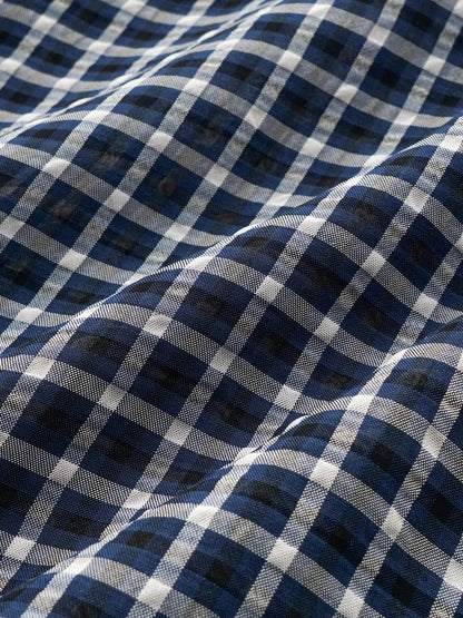 oinimi Deep Blue Plaid Shirred Drawstring Stand Collar Women&