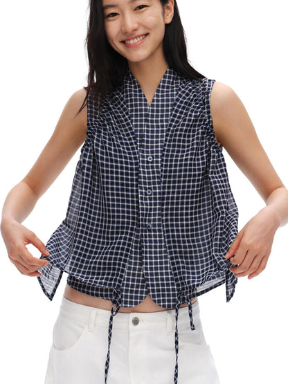 oinimi Deep Blue Plaid Shirred Drawstring Stand Collar Women&
