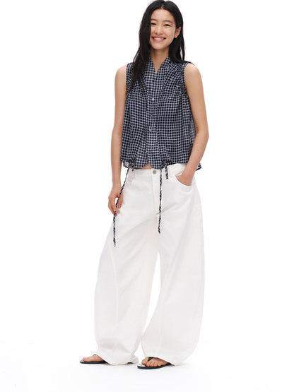 oinimi Deep Blue Plaid Shirred Drawstring Stand Collar Women&