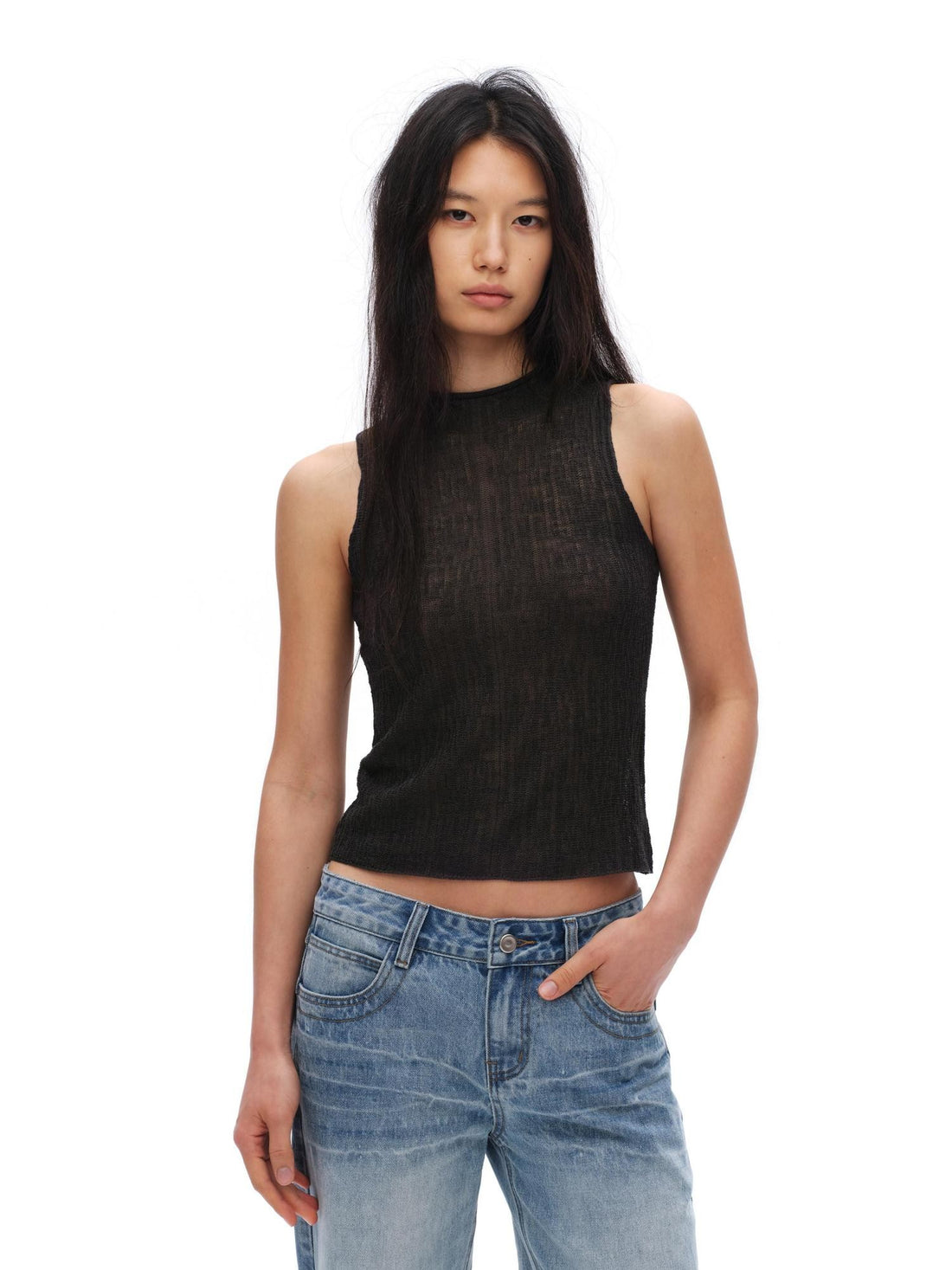 oinimi Deep Gray Mock Neck Wavy Knit Cropped Slim Fit Women&