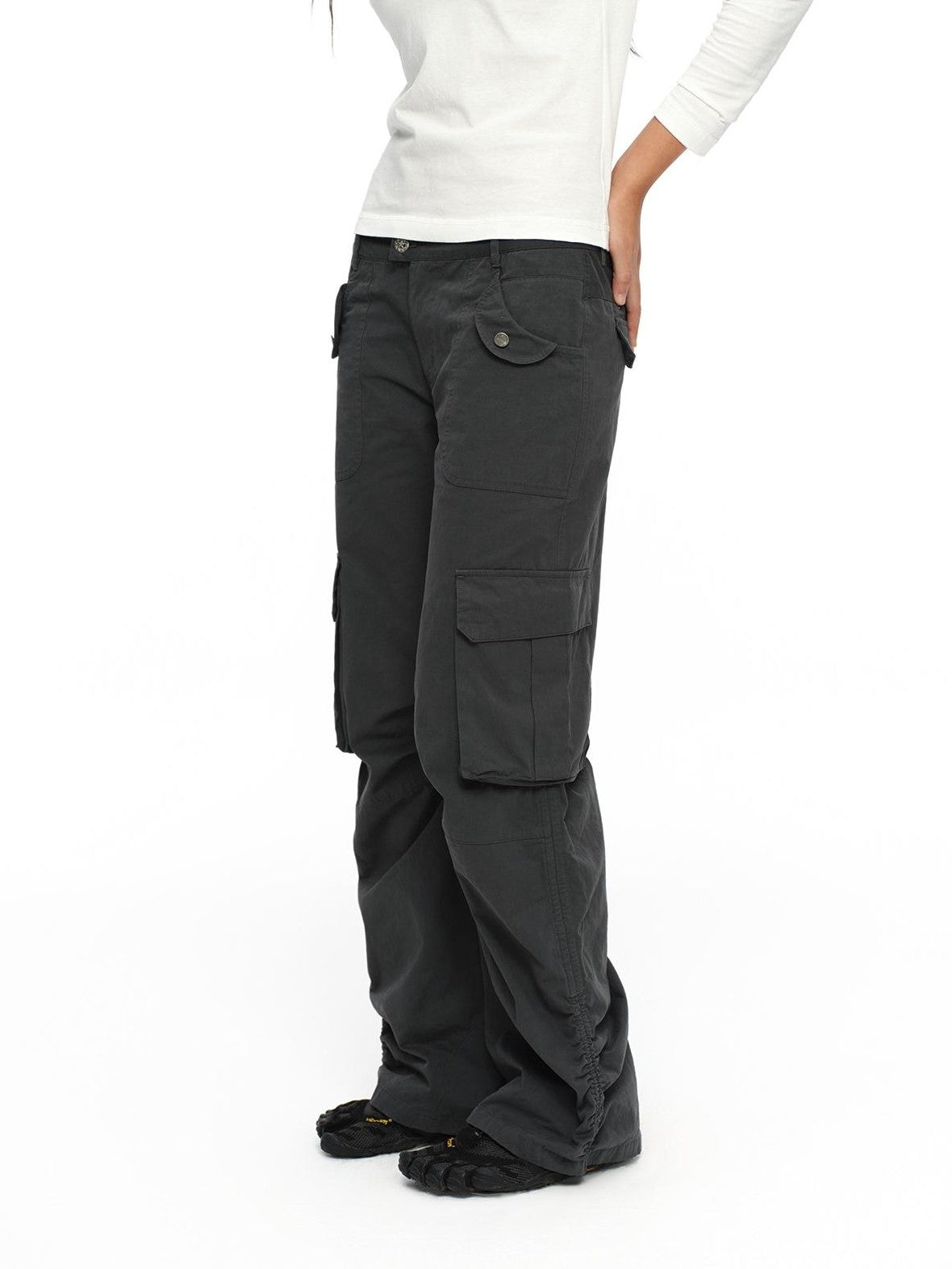 oinimi Deep Gray Multi Pocket Ruched Low Rise Straight Women&