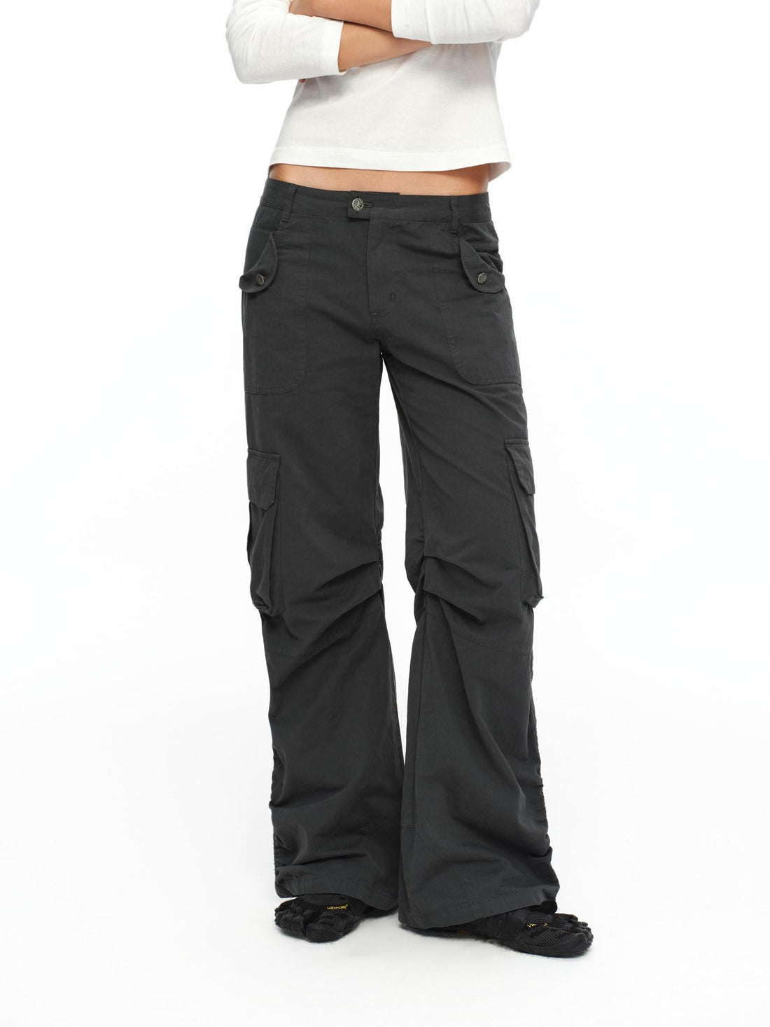 oinimi Deep Gray Multi Pocket Ruched Low Rise Straight Women&
