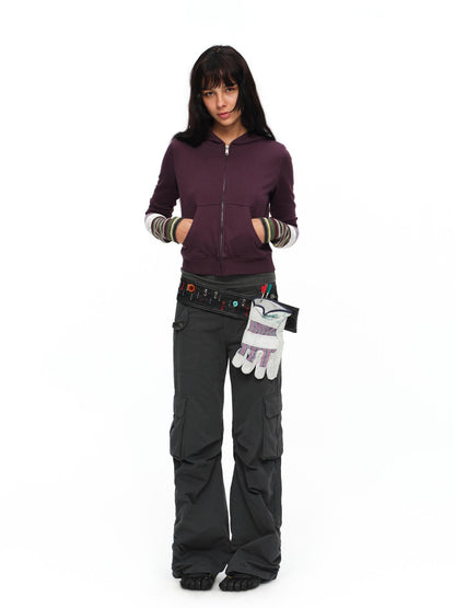 oinimi Deep Gray Multi Pocket Ruched Low Rise Straight Women&