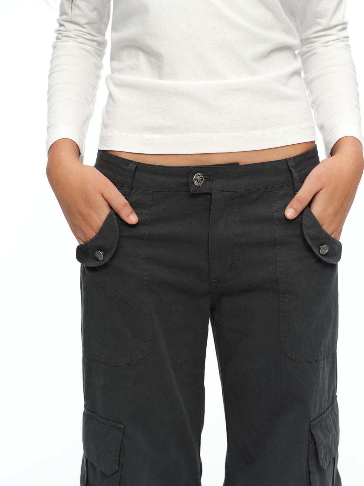 oinimi Deep Gray Multi Pocket Ruched Low Rise Straight Women&