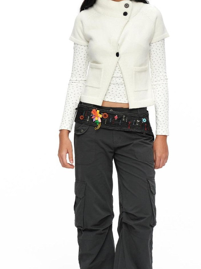 oinimi Deep Gray Multi Pocket Ruched Low Rise Straight Women&