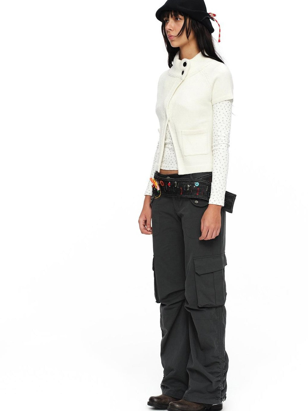oinimi Deep Gray Multi Pocket Ruched Low Rise Straight Women&