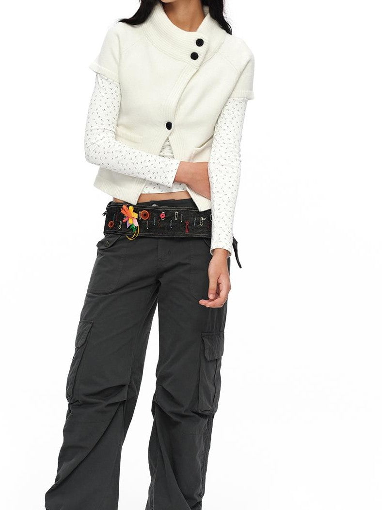 oinimi Deep Gray Multi Pocket Ruched Low Rise Straight Women&
