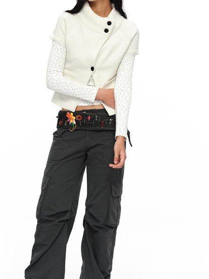 oinimi Deep Gray Multi Pocket Ruched Low Rise Straight Women&