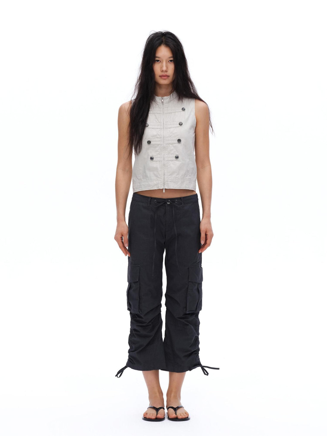 oinimi Deep Gray Pleated Drawstring Low Rise Cropped Straight Women&
