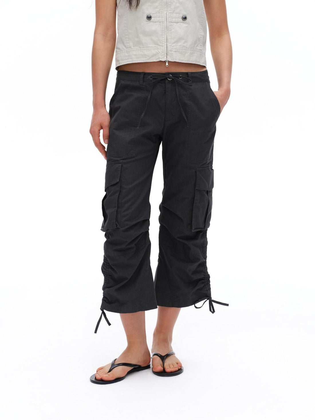 oinimi Deep Gray Pleated Drawstring Low Rise Cropped Straight Women&