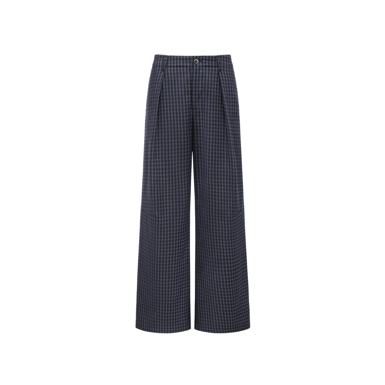 oinimi_Deep_Navy_Plaid_Wide_Leg_Natural_Waist_Button_Closure_Casual_Pants_MISSTT