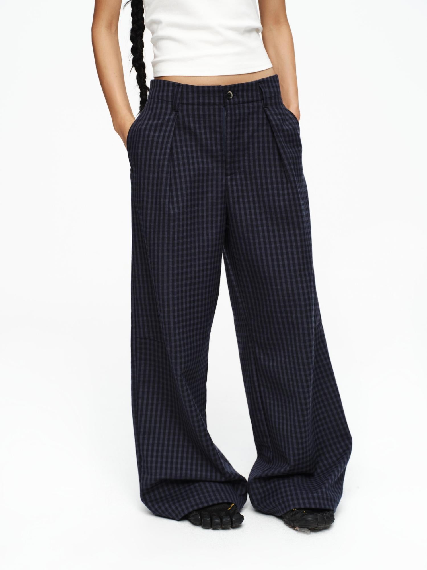 oinimi Deep Navy Plaid Wide Leg Natural Waist Button Closure Casual Pants