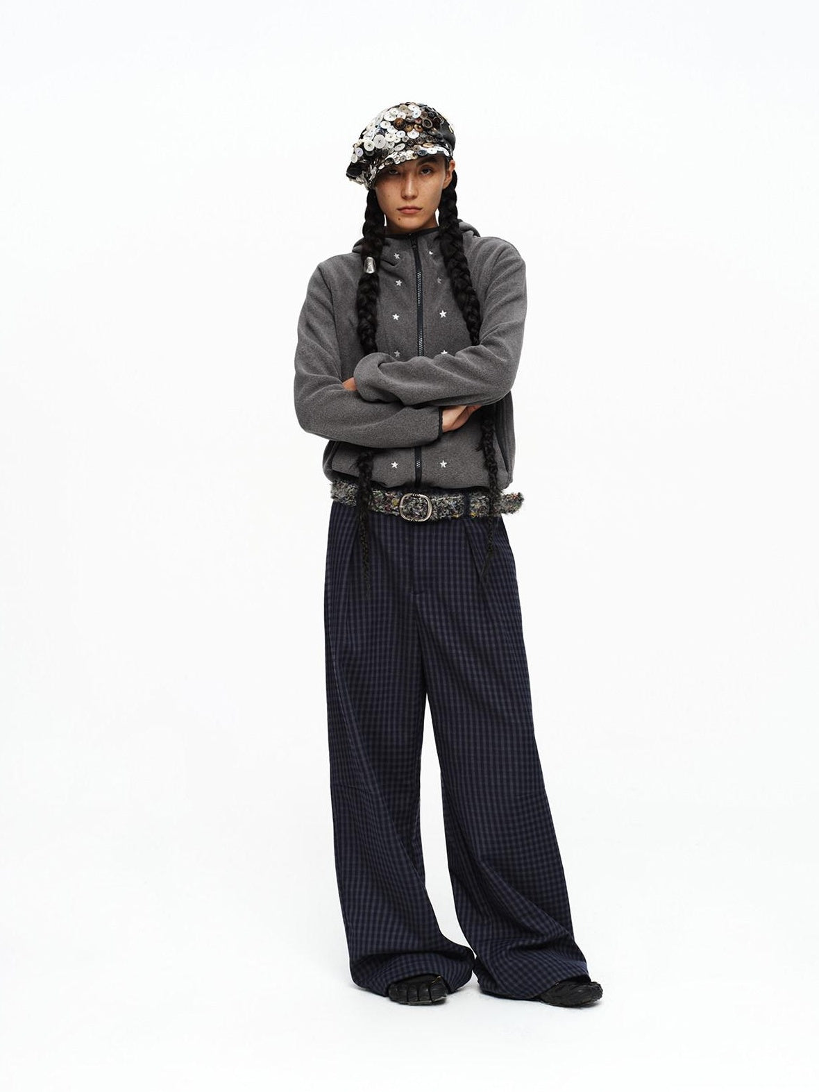 oinimi Deep Navy Plaid Wide Leg Natural Waist Button Closure Casual Pants