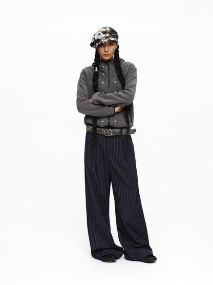 oinimi Deep Navy Plaid Wide Leg Natural Waist Button Closure Casual Pants