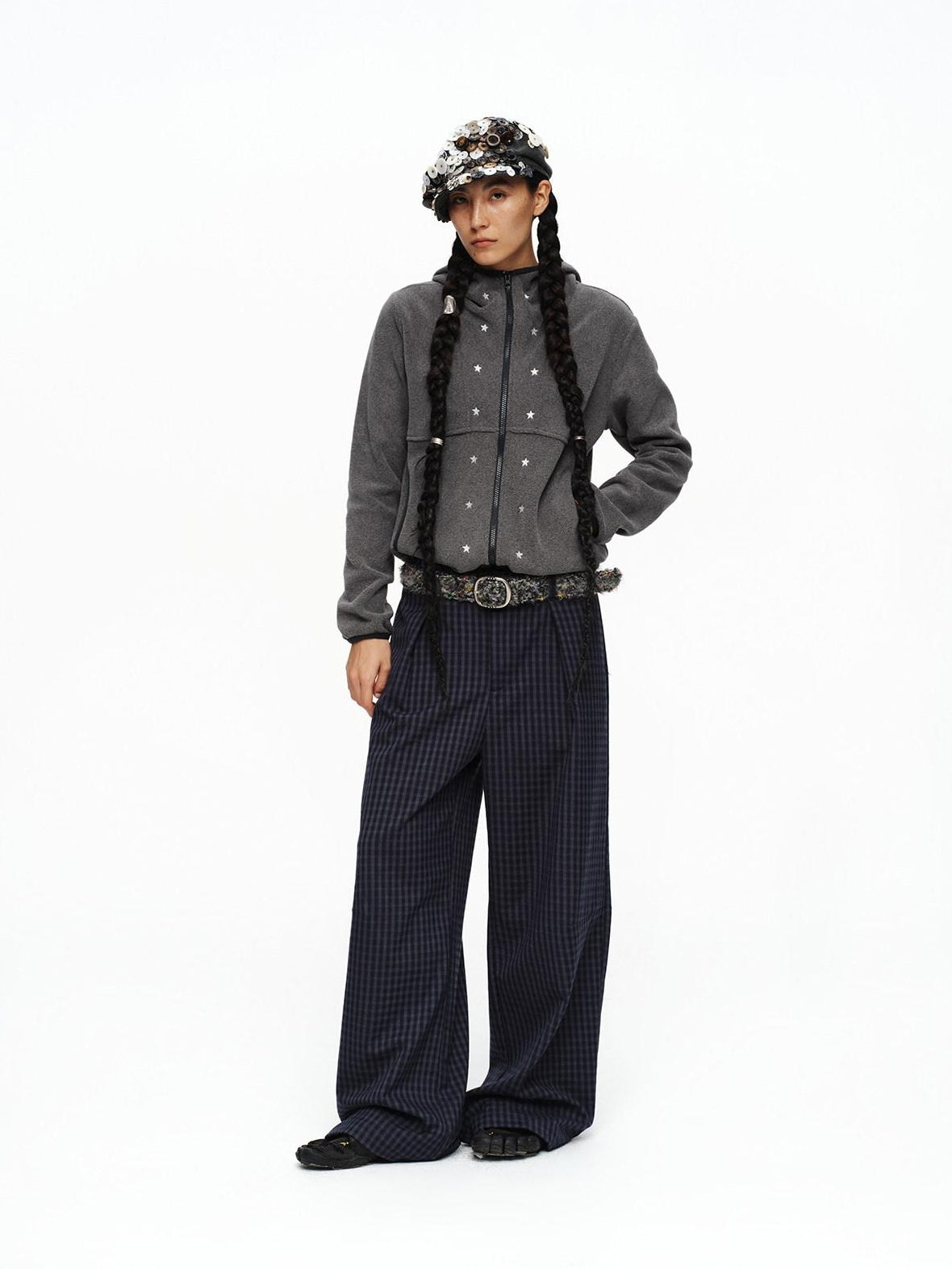 oinimi Deep Navy Plaid Wide Leg Natural Waist Button Closure Casual Pants