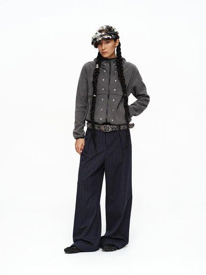 oinimi Deep Navy Plaid Wide Leg Natural Waist Button Closure Casual Pants