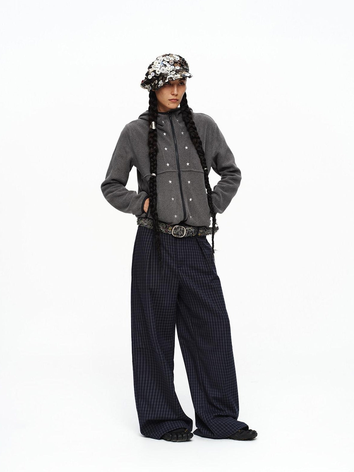 oinimi Deep Navy Plaid Wide Leg Natural Waist Button Closure Casual Pants