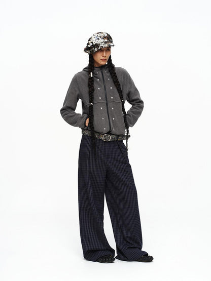 oinimi Deep Navy Plaid Wide Leg Natural Waist Button Closure Casual Pants