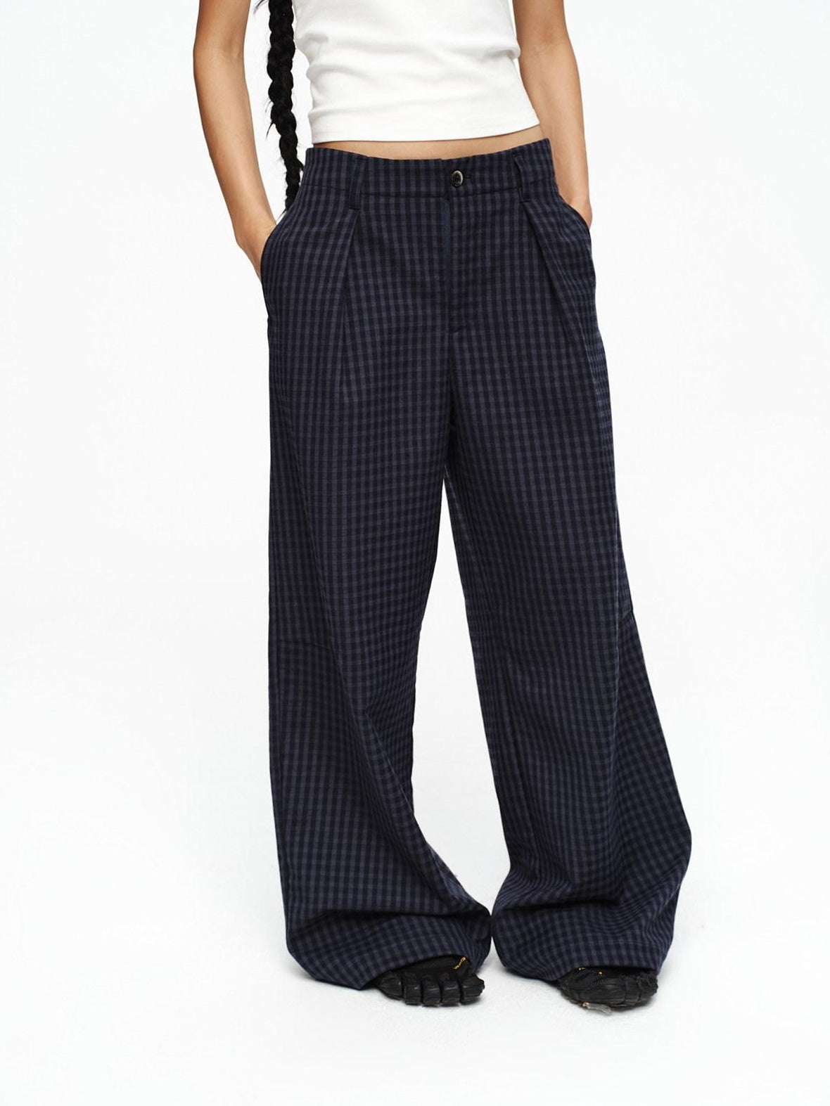 oinimi Deep Navy Plaid Wide Leg Natural Waist Button Closure Casual Pants