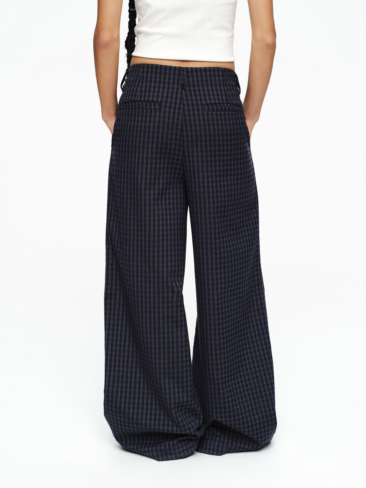 oinimi Deep Navy Plaid Wide Leg Natural Waist Button Closure Casual Pants