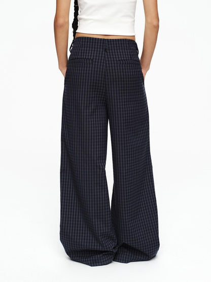 oinimi Deep Navy Plaid Wide Leg Natural Waist Button Closure Casual Pants