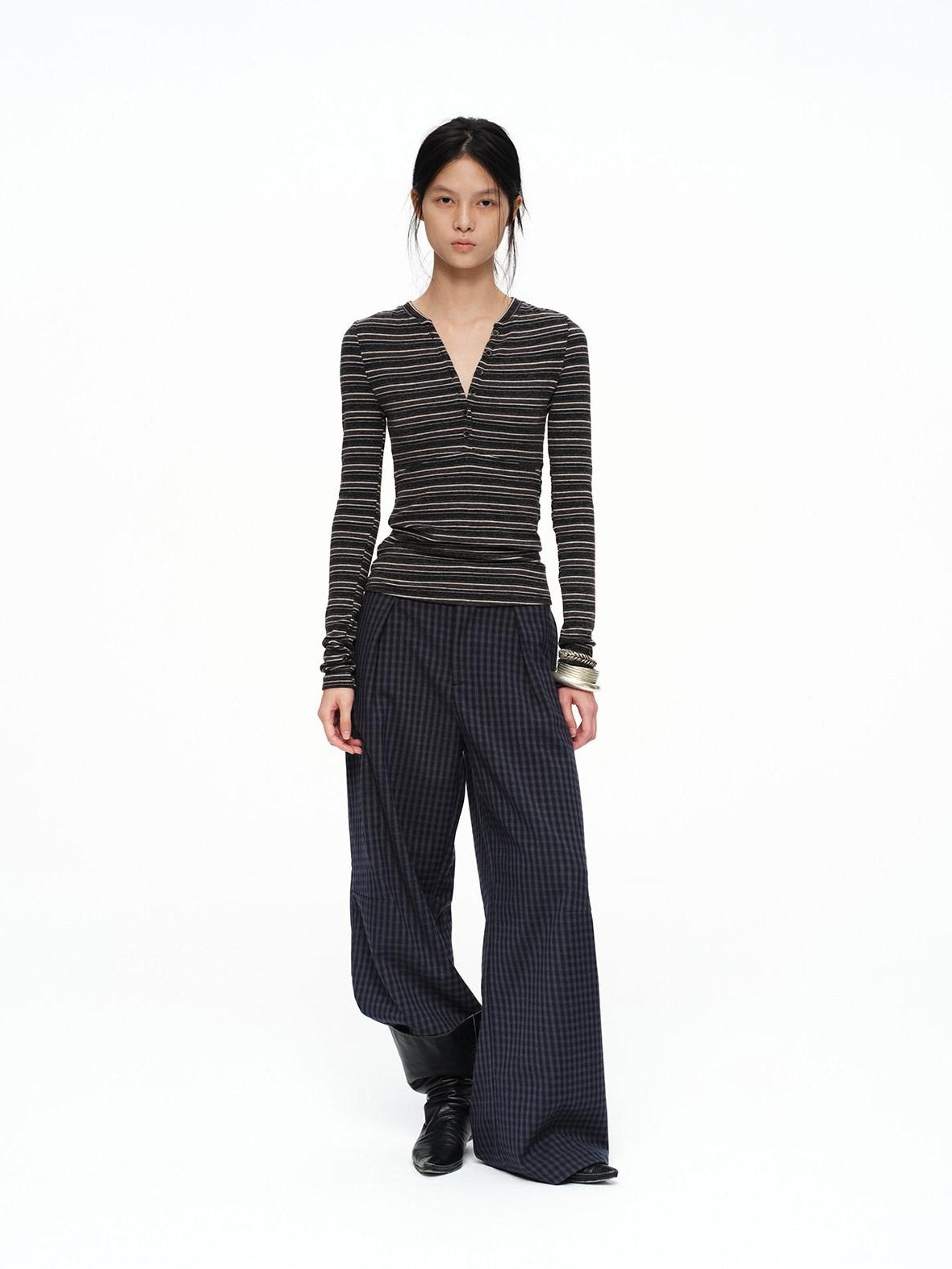 oinimi Deep Navy Plaid Wide Leg Natural Waist Button Closure Casual Pants