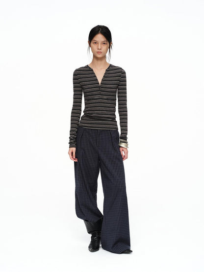oinimi Deep Navy Plaid Wide Leg Natural Waist Button Closure Casual Pants