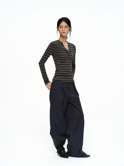 oinimi Deep Navy Plaid Wide Leg Natural Waist Button Closure Casual Pants