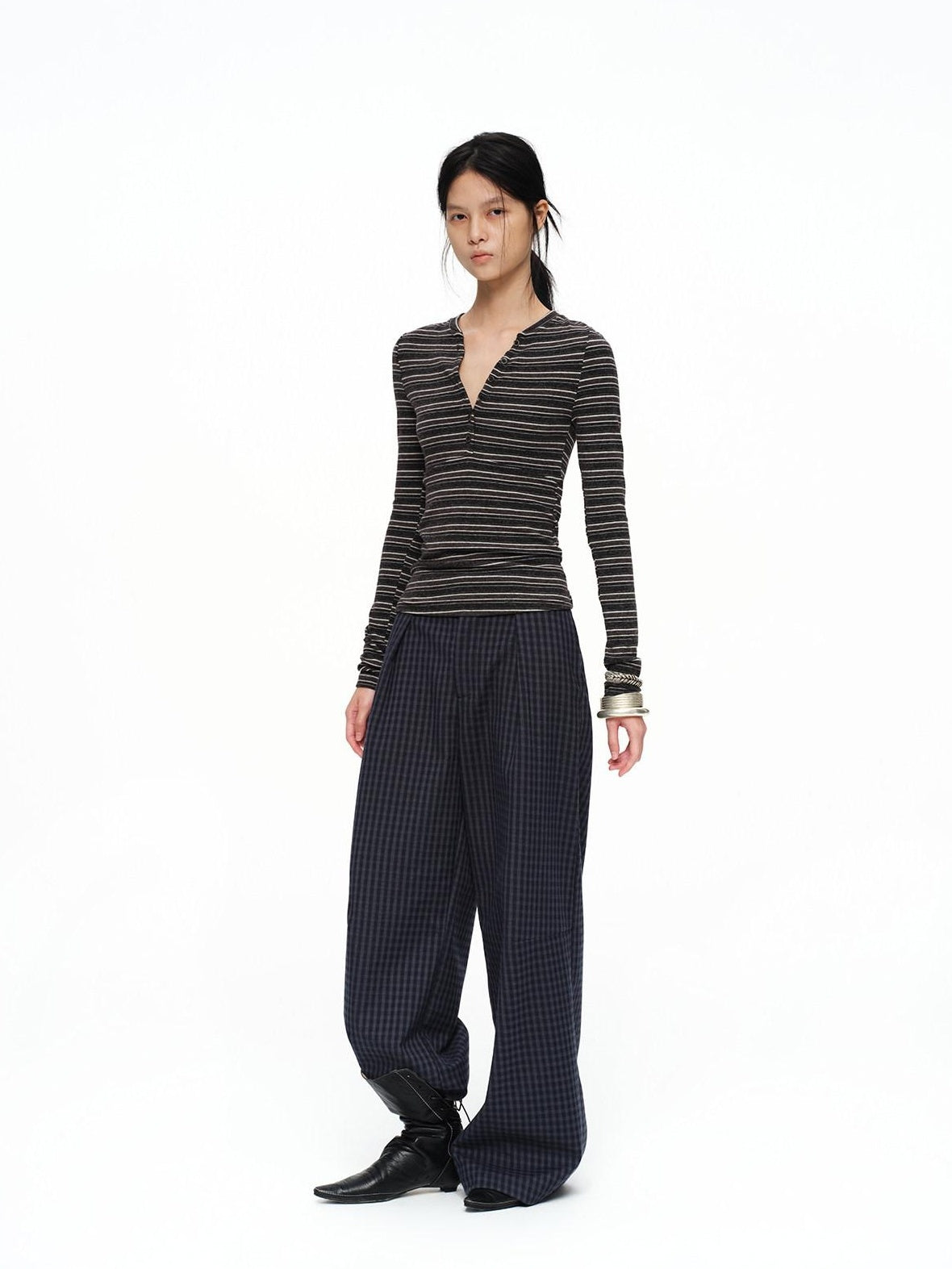 oinimi Deep Navy Plaid Wide Leg Natural Waist Button Closure Casual Pants