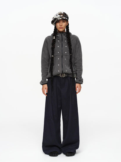 oinimi Deep Navy Plaid Wide Leg Natural Waist Button Closure Casual Pants