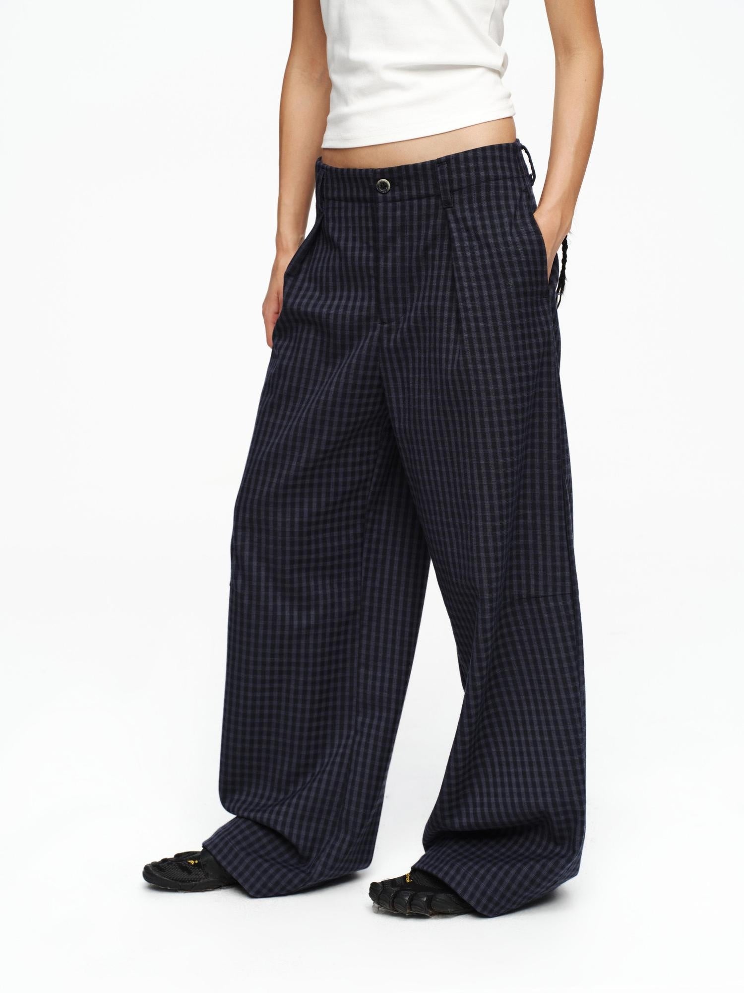 oinimi Deep Navy Plaid Wide Leg Natural Waist Button Closure Casual Pants
