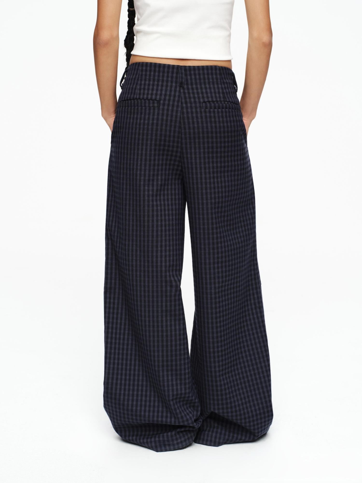 oinimi Deep Navy Plaid Wide Leg Natural Waist Button Closure Casual Pants