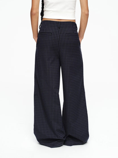 oinimi Deep Navy Plaid Wide Leg Natural Waist Button Closure Casual Pants
