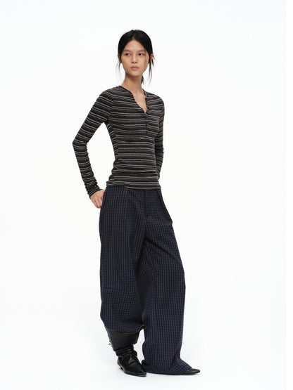 oinimi Deep Navy Plaid Wide Leg Natural Waist Button Closure Casual Pants