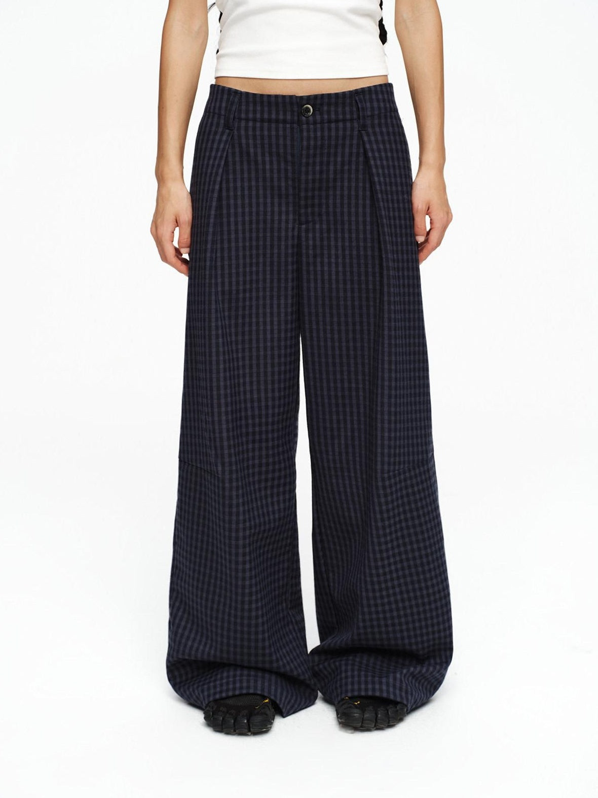 oinimi Deep Navy Plaid Wide Leg Natural Waist Button Closure Casual Pants